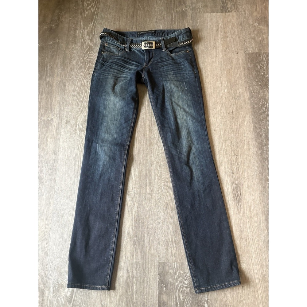 Express Stella Low Rise Distressed Stretch Denim Dark Wash Whiskered Size 2R Y2K